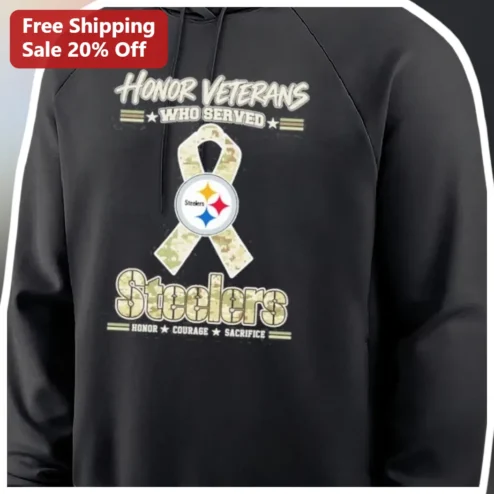 Honor Veterans Who Served Steelers Hoodie Honor Courage Sacrifice Camo Ribbon Design