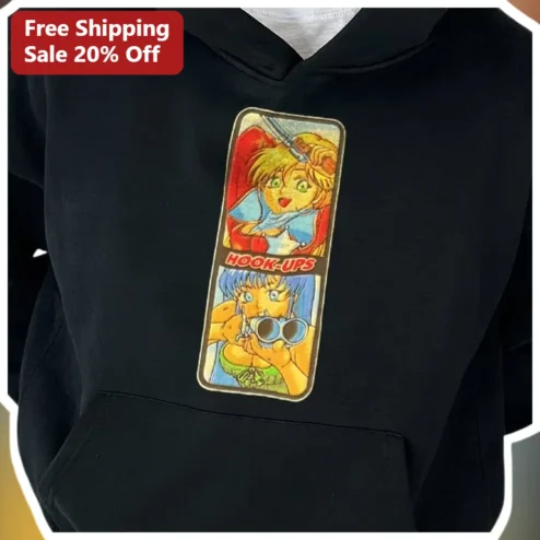 Hookups Skateboards HOOK-UPS Retro Anime Character Hoodie Black Streetwear