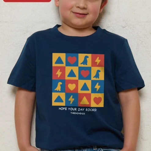 Customer in Chicago, Illinois wearing Hope Your Day Rocks! Kids Graphic Tee Cute Geometric Dinosaur Heart Lightning Bolt Shirt Toddler Gif