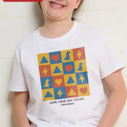 Close-up of Hope Your Day Rocks! Kids Graphic Tee Cute Geometric Dinosaur Heart Lightning Bolt Shirt Toddler Gif for streetwear fans in Chicago, Illinois