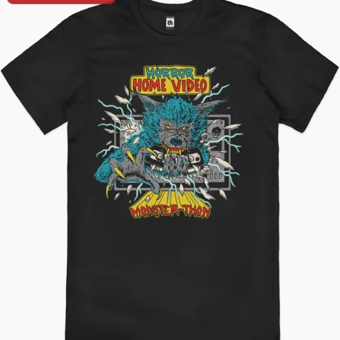 Horror Home Video Monster-Thon Tee Retro VHS Werewolf Graphic Shirt for Halloween Horror Fans