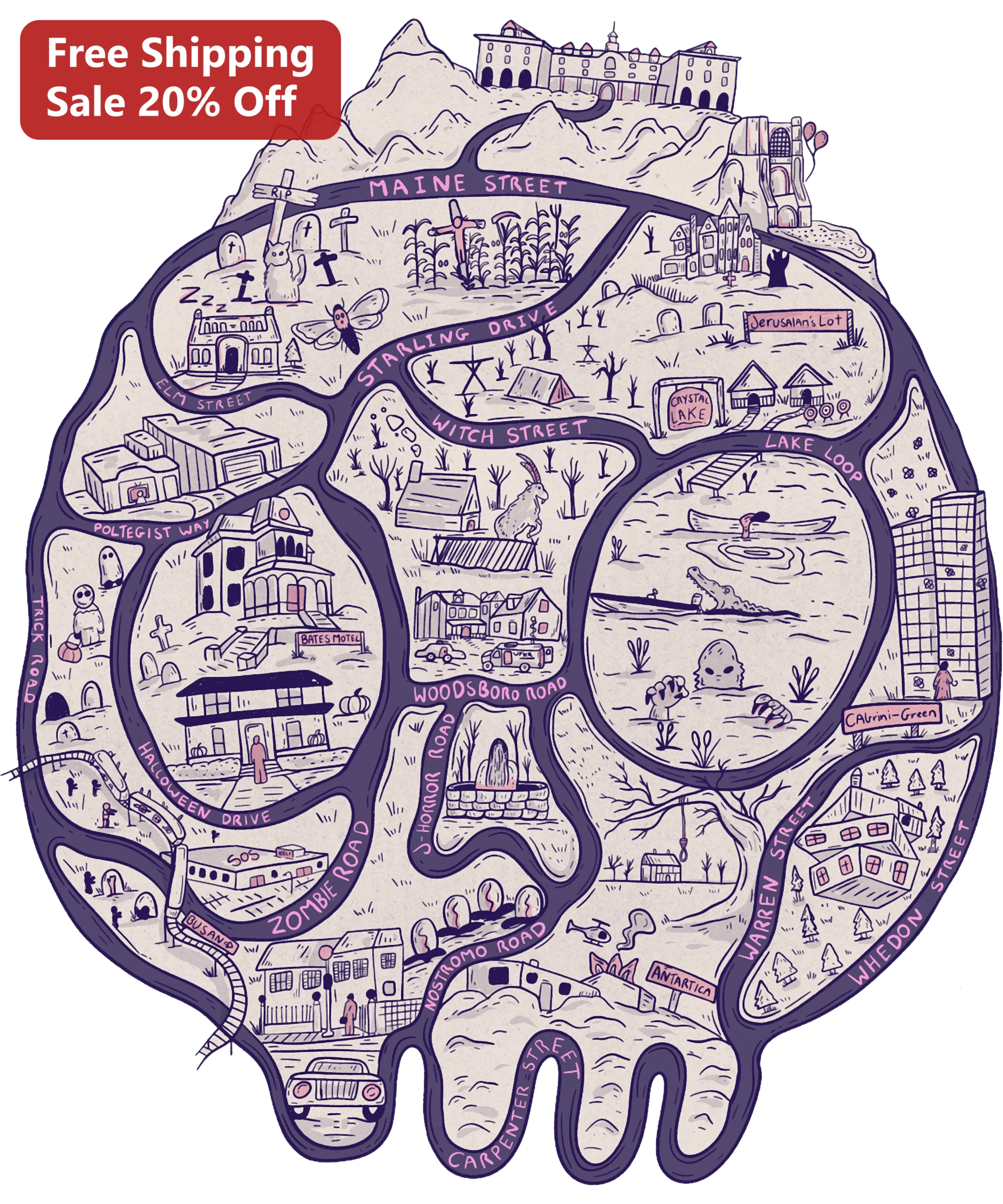 Horror Movie Brain Map Illustration Poster Stephen King Style Spooky Town Map Art Print Halloween Decor
