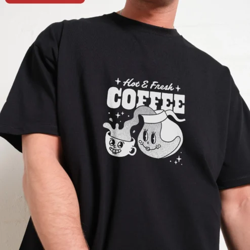 Customer in Chicago, Illinois wearing Hot Fresh COFFEE Retro Cartoon Graphic Tee for Coffee Lovers and Baristas
