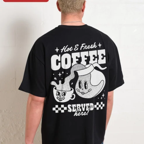 Close-up of Hot Fresh COFFEE Retro Cartoon Graphic Tee for Coffee Lovers and Baristas for streetwear fans in Chicago, Illinois