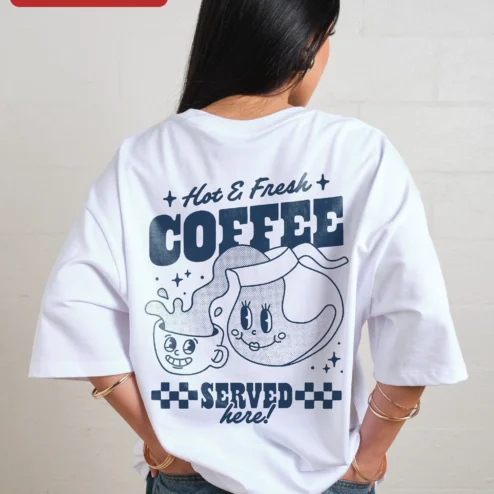 Close-up of Hot Fresh COFFEE Retro Cartoon Graphic Tee for Coffee Lovers and Baristas for streetwear fans in Chicago, Illinois