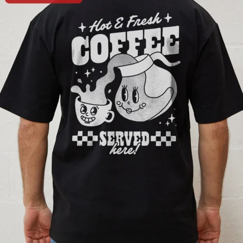 Customer in Chicago, Illinois wearing Hot Fresh COFFEE Retro Cartoon Graphic Tee for Coffee Lovers and Baristas