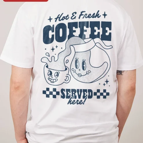Close-up of Hot Fresh COFFEE Retro Cartoon Graphic Tee for Coffee Lovers and Baristas for streetwear fans in Chicago, Illinois