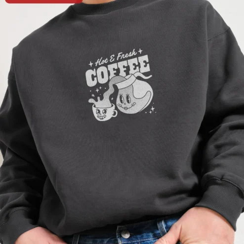 Hot Fresh COFFEE Sweatshirt Retro Vintage Cartoon Coffee Cup Crewneck for Coffee Lovers Barista Gift on a hanger, ready to ship from Chicago, Illinois