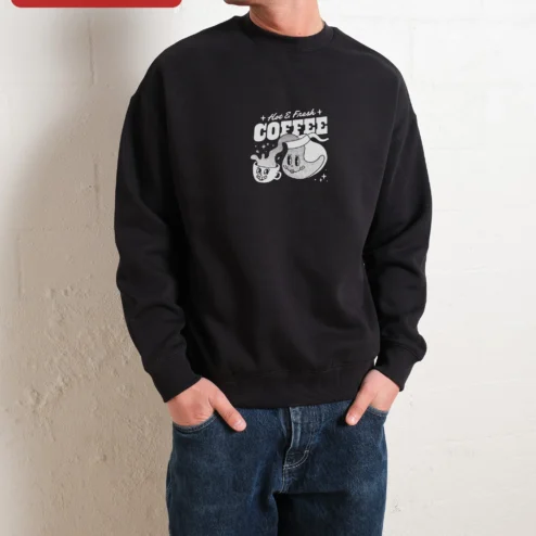 Customer in Chicago, Illinois wearing Hot Fresh COFFEE Sweatshirt Retro Vintage Cartoon Coffee Cup Crewneck for Coffee Lovers Barista Gift