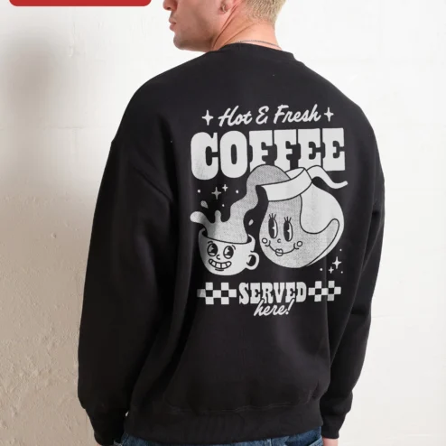 Close-up of Hot Fresh COFFEE Sweatshirt Retro Vintage Cartoon Coffee Cup Crewneck for Coffee Lovers Barista Gift for streetwear fans in Chicago, Illinois