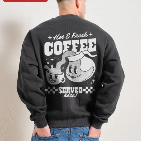 Customer in Chicago, Illinois wearing Hot Fresh COFFEE Sweatshirt Retro Vintage Cartoon Coffee Cup Crewneck for Coffee Lovers Barista Gift