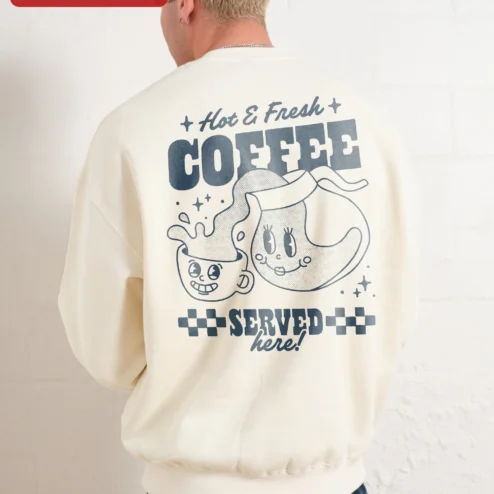 Close-up of Hot Fresh COFFEE Sweatshirt Retro Vintage Cartoon Coffee Cup Crewneck for Coffee Lovers Barista Gift for streetwear fans in Chicago, Illinois