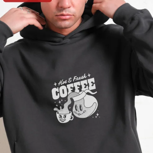 Hot Fresh COFFEE Vintage Cartoon Hoodie Retro Rubber Hose Coffee Cup Graphic Sweatshirt for Baristas on a hanger, ready to ship from Chicago, Illinois