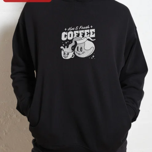 Customer in Chicago, Illinois wearing Hot Fresh COFFEE Vintage Cartoon Hoodie Retro Rubber Hose Coffee Cup Graphic Sweatshirt for Baristas