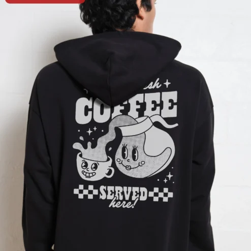 Close-up of Hot Fresh COFFEE Vintage Cartoon Hoodie Retro Rubber Hose Coffee Cup Graphic Sweatshirt for Baristas for streetwear fans in Chicago, Illinois