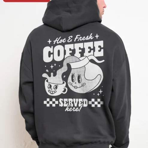 Customer in Chicago, Illinois wearing Hot Fresh COFFEE Vintage Cartoon Hoodie Retro Rubber Hose Coffee Cup Graphic Sweatshirt for Baristas