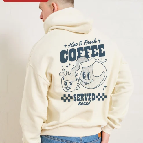 Close-up of Hot Fresh COFFEE Vintage Cartoon Hoodie Retro Rubber Hose Coffee Cup Graphic Sweatshirt for Baristas for streetwear fans in Chicago, Illinois
