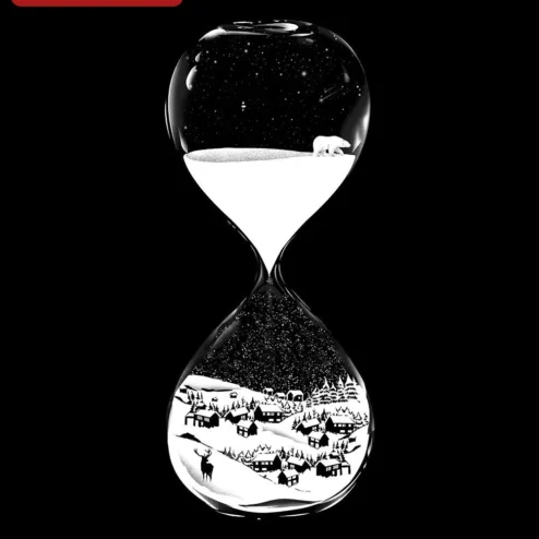 Hourglass Winter Landscape Design Digital Art Surreal Black and White Polar Bear Deer Night Sky