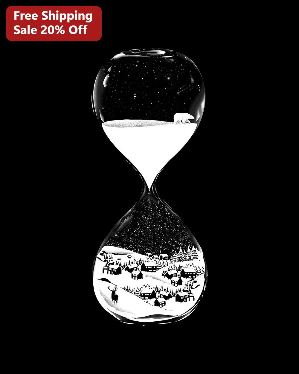 Hourglass Winter Landscape Design Digital Art Surreal Black and White Polar Bear Deer Night Sky