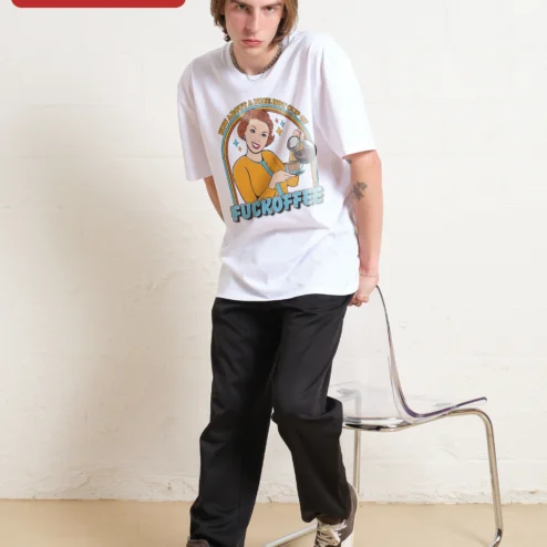 Customer in Chicago, Illinois wearing How About A Nice Cup Of Fuckoffee Tee Funny Sarcastic Coffee Lover Gift Retro Pin Up Graphic Shirt