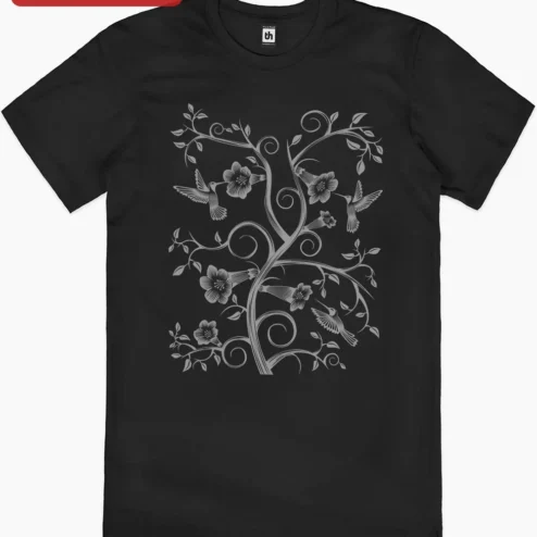 Customer in Chicago, Illinois wearing Hummingbird Tree Floral Illustration Art Print Botanical Wall Decor for Nature Lovers