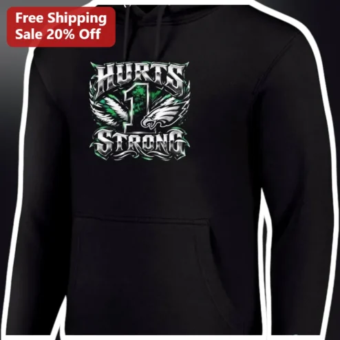 HURTS STRONG Jalen Hurts Eagles Hoodie Black Pullover Football Fan Gift