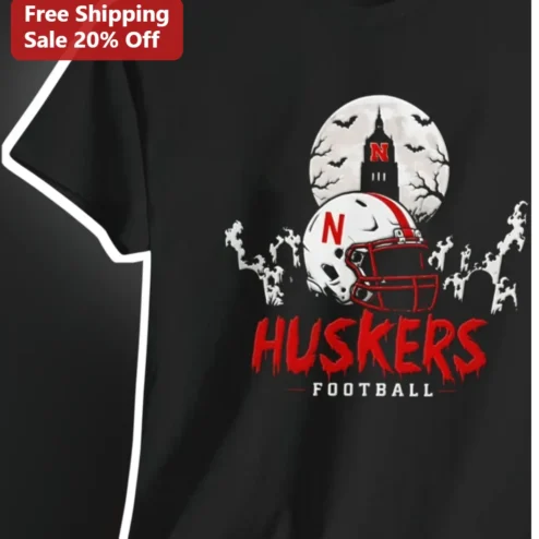 Huskers Football Halloween Spooky Moon Graphic Tee Nebraska Cornhuskers Game Day Shirt