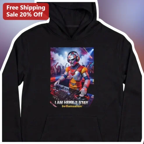 I AM HERE 2 STAY Skeleton DJ Hoodie Retro Futuristic Rave Music Gift