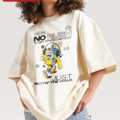 I Am In No Rush To Get Where I Am Goin Enjoyin The Walk Retro Cartoon Oversized Tee on a hanger, ready to ship from Chicago, Illinois