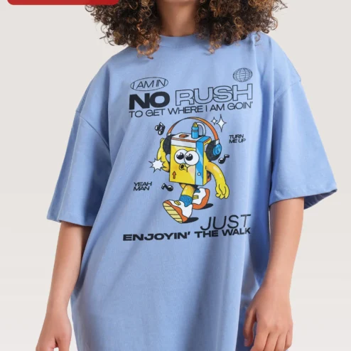 Customer in Chicago, Illinois wearing I Am In No Rush To Get Where I Am Goin Enjoyin The Walk Retro Cartoon Oversized Tee