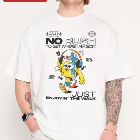 Close-up of I Am In No Rush To Get Where I Am Goin Enjoyin The Walk Retro Cartoon Oversized Tee for streetwear fans in Chicago, Illinois