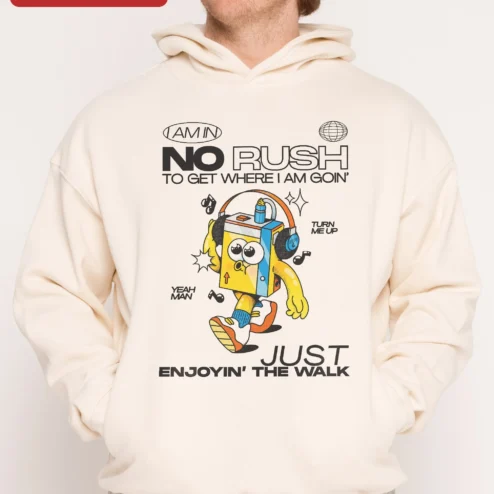 I Am In No Rush To Get Where I Am Goin' Just Enjoyin' The Walk Retro Boombox Hoodie on a hanger, ready to ship from Chicago, Illinois