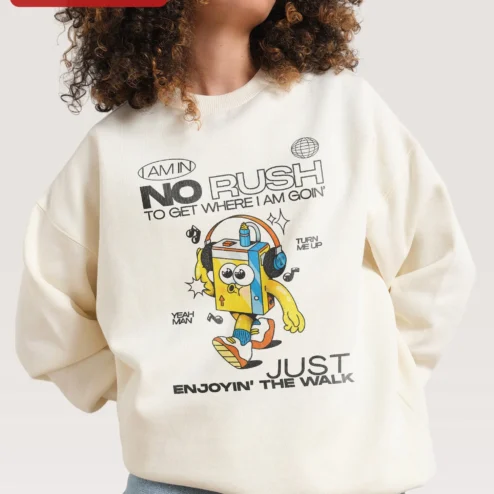I Am In No Rush To Get Where I Am Goin' Just Enjoyin' The Walk Retro Cassette Tape Crewneck Sweatshi on a hanger, ready to ship from Chicago, Illinois