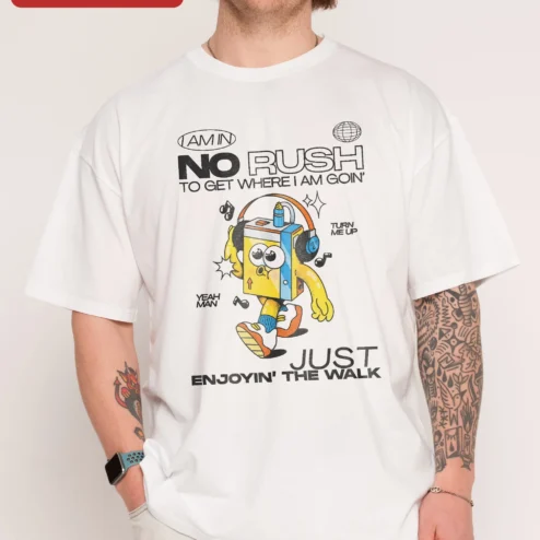 I Am In No Rush To Get Where I Am Goin' Just Enjoyin The Walk Tee Slow Living Mindfulness Graphic Sh on a hanger, ready to ship from Chicago, Illinois