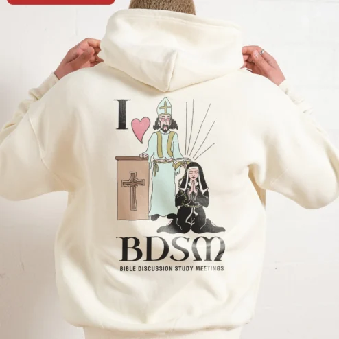 I BDSM Bible Discussion Study Meetings Hoodie on a hanger, ready to ship from Chicago, Illinois