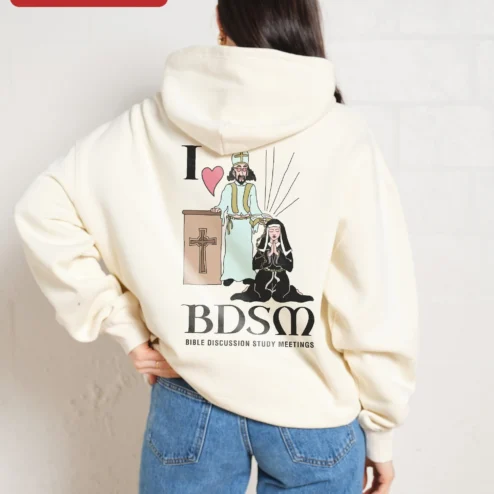 Close-up of I BDSM Bible Discussion Study Meetings Hoodie for streetwear fans in Chicago, Illinois