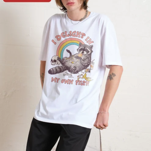 Customer in Chicago, Illinois wearing I Delight In My Own Filth Tee Funny Raccoon Trash Panda Graphic Shirt