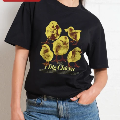 I Dig Chicks Tee Vintage Farm Apparel Chicken Lover Graphic T-Shirt for Homesteaders on a hanger, ready to ship from Chicago, Illinois