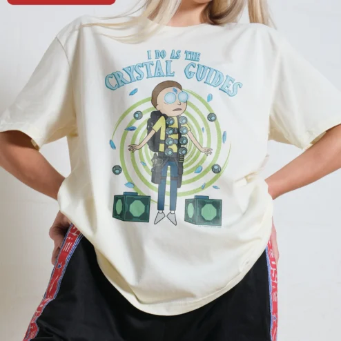 I Do As The Crystal Guides Morty Smith Tee Rick and Morty Graphic Shirt for Fans on a hanger, ready to ship from Chicago, Illinois