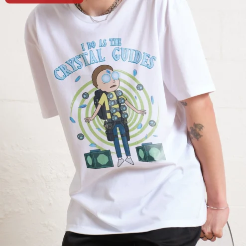 Customer in Chicago, Illinois wearing I Do As The Crystal Guides Morty Smith Tee Rick and Morty Graphic Shirt for Fans