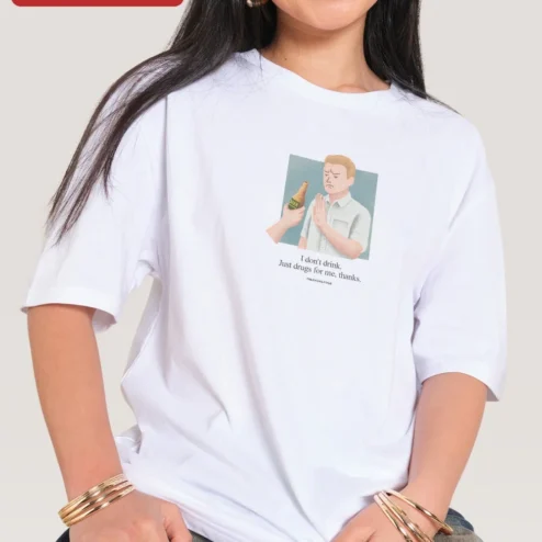 I Don't Drink Just Drugs For Me Thanks Funny Sarcastic Graphic Tee on a hanger, ready to ship from Chicago, Illinois