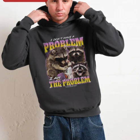 Close-up of I Don't Have A Problem I Am The Problem Funny Raccoon Hoodie for streetwear fans in Chicago, Illinois