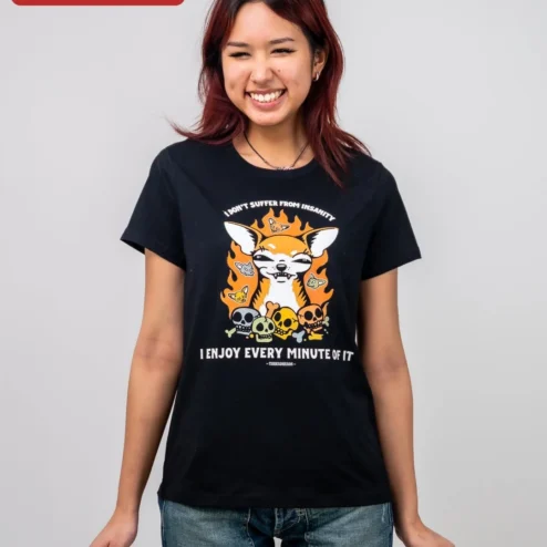 I Don't Suffer From Insanity I Enjoy Every Minute Of It Funny Chihuahua Skull Graphic Tee on a hanger, ready to ship from Chicago, Illinois