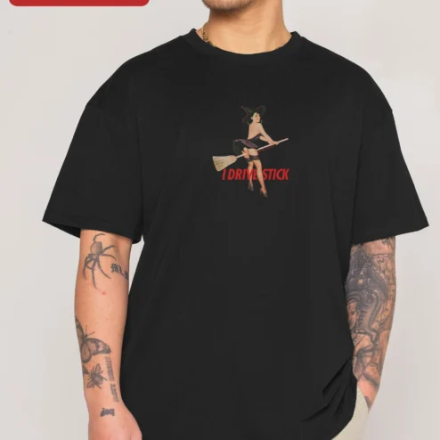 I Drive Stick Tee Funny Manual Transmission Graphic Shirt for Gearheads on a hanger, ready to ship from Chicago, Illinois