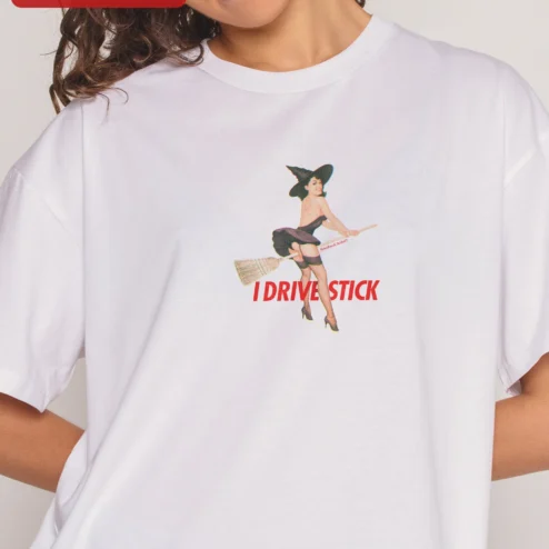 Close-up of I Drive Stick Tee Funny Manual Transmission Graphic Shirt for Gearheads for streetwear fans in Chicago, Illinois
