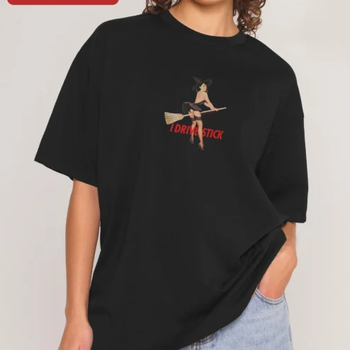 I Drive Stick Tee Vintage Pin Up Witch Halloween Manual Transmission Shirt