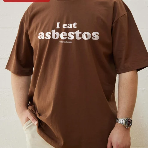 Customer in Chicago, Illinois wearing I Eat Asbestos Funny Meme Tee Dark Humor Graphic T-Shirt for Men Women