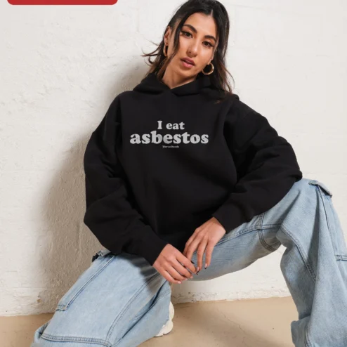 Customer in Chicago, Illinois wearing I Eat Asbestos Hoodie Dark Humor Pullover Sweatshirt Men's Edgy Streetwear Gift