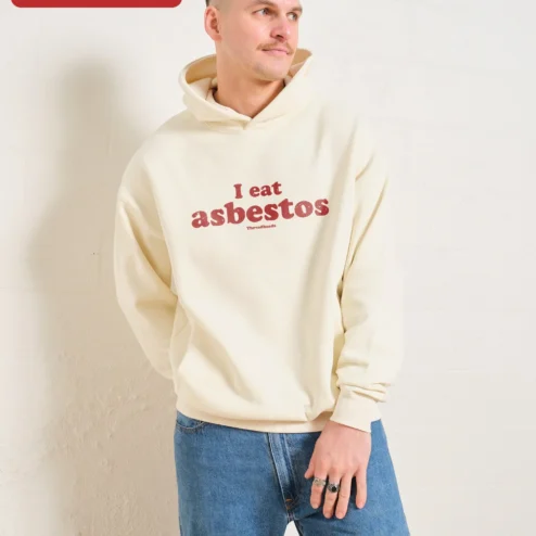 Close-up of I Eat Asbestos Hoodie Dark Humor Pullover Sweatshirt Men's Edgy Streetwear Gift for streetwear fans in Chicago, Illinois