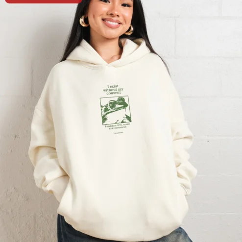 Close-up of I Exist Without My Consent Kermit The Frog Meme Hoodie Existence 0/10 Would Not Recommend Funny Nihi for streetwear fans in Chicago, Illinois